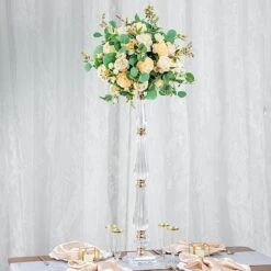 Metal With Acrylic Crystal Pillar Candle Holders Flower Pedestal Stand - Gold And Clear -Optimal Home Decoration acrylic crystal pillar candle stand clear and gold 30752204390463