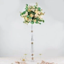 Metal With Acrylic Crystal Pillar Candle Holders Flower Pedestal Stand - Gold And Clear -Optimal Home Decoration acrylic crystal pillar candle stand clear and gold 30752204455999