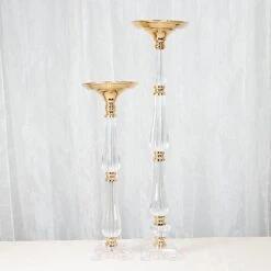 Metal With Acrylic Crystal Pillar Candle Holders Flower Pedestal Stand - Gold And Clear -Optimal Home Decoration acrylic crystal pillar candle stand clear and gold 30752204587071