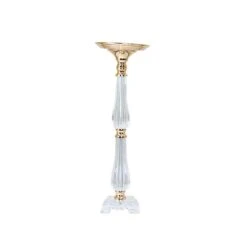 Metal With Acrylic Crystal Pillar Candle Holders Flower Pedestal Stand - Gold And Clear