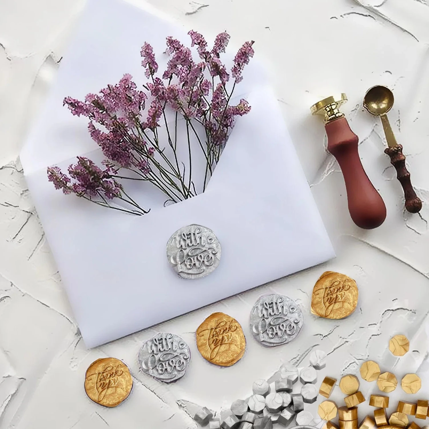 Set Of Wedding Invitation Envelope Wax Seal Stamp Kit - Gold And Silver 5 Set Of Wedding Invitation Envelope Wax Seal Stamp Kit - Gold And Silver - Image 3