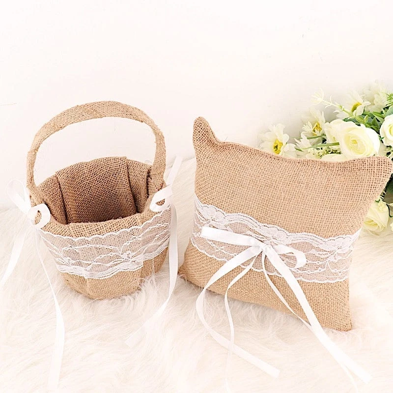 Burlap With Lace Flower Girl Basket And Ring Bearer Pillow - Natural And White 6 Burlap With Lace Flower Girl Basket And Ring Bearer Pillow - Natural And White - Image 4