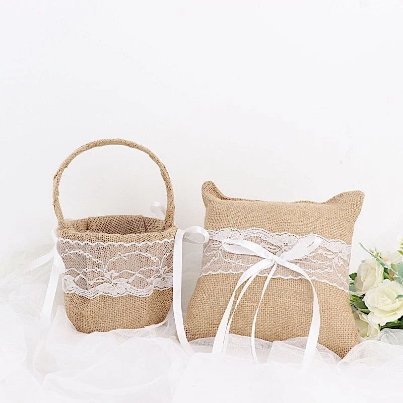 Burlap With Lace Flower Girl Basket And Ring Bearer Pillow - Natural And White 11 Burlap With Lace Flower Girl Basket And Ring Bearer Pillow - Natural And White - Image 9