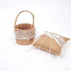 Burlap With Lace Flower Girl Basket And Ring Bearer Pillow - Natural And White