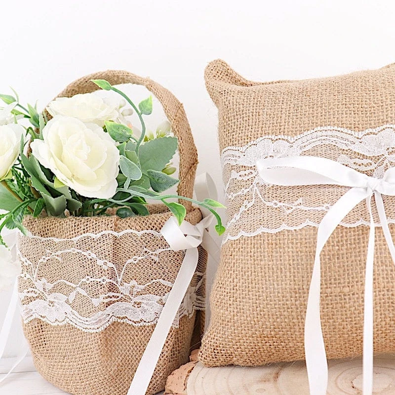 Burlap With Lace Flower Girl Basket And Ring Bearer Pillow - Natural And White 7 Burlap With Lace Flower Girl Basket And Ring Bearer Pillow - Natural And White - Image 5
