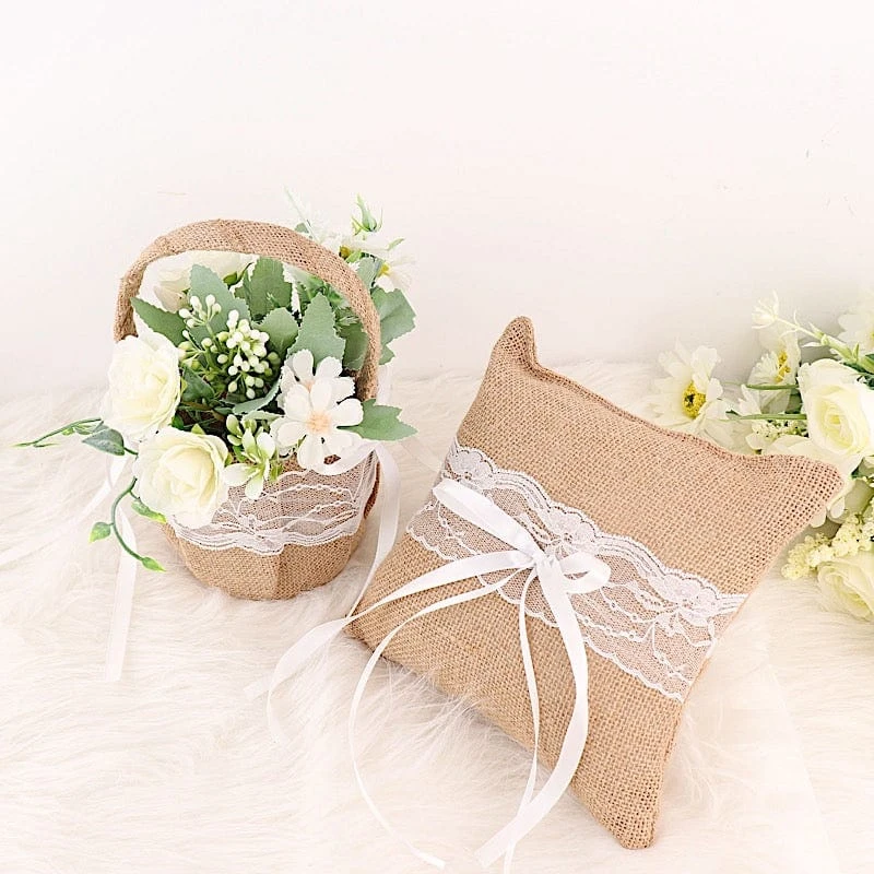 Burlap With Lace Flower Girl Basket And Ring Bearer Pillow - Natural And White 5 Burlap With Lace Flower Girl Basket And Ring Bearer Pillow - Natural And White - Image 3