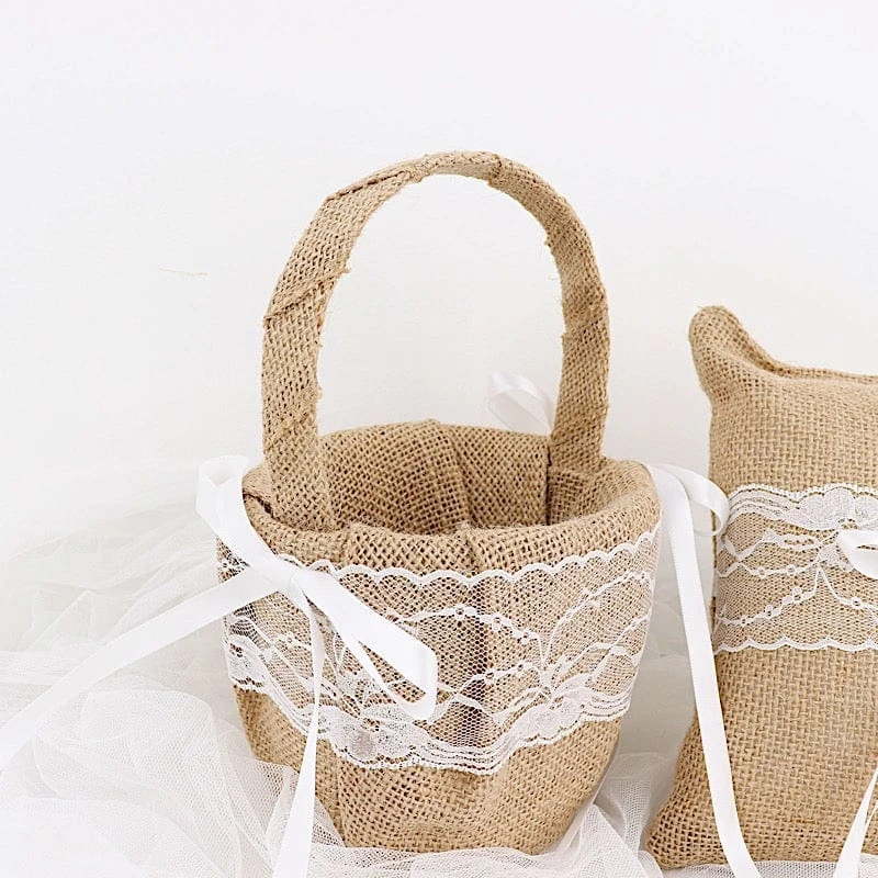 Burlap With Lace Flower Girl Basket And Ring Bearer Pillow - Natural And White 10 Burlap With Lace Flower Girl Basket And Ring Bearer Pillow - Natural And White - Image 8