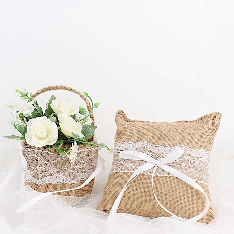 Burlap With Lace Flower Girl Basket And Ring Bearer Pillow - Natural And White 8 Burlap With Lace Flower Girl Basket And Ring Bearer Pillow - Natural And White - Image 6