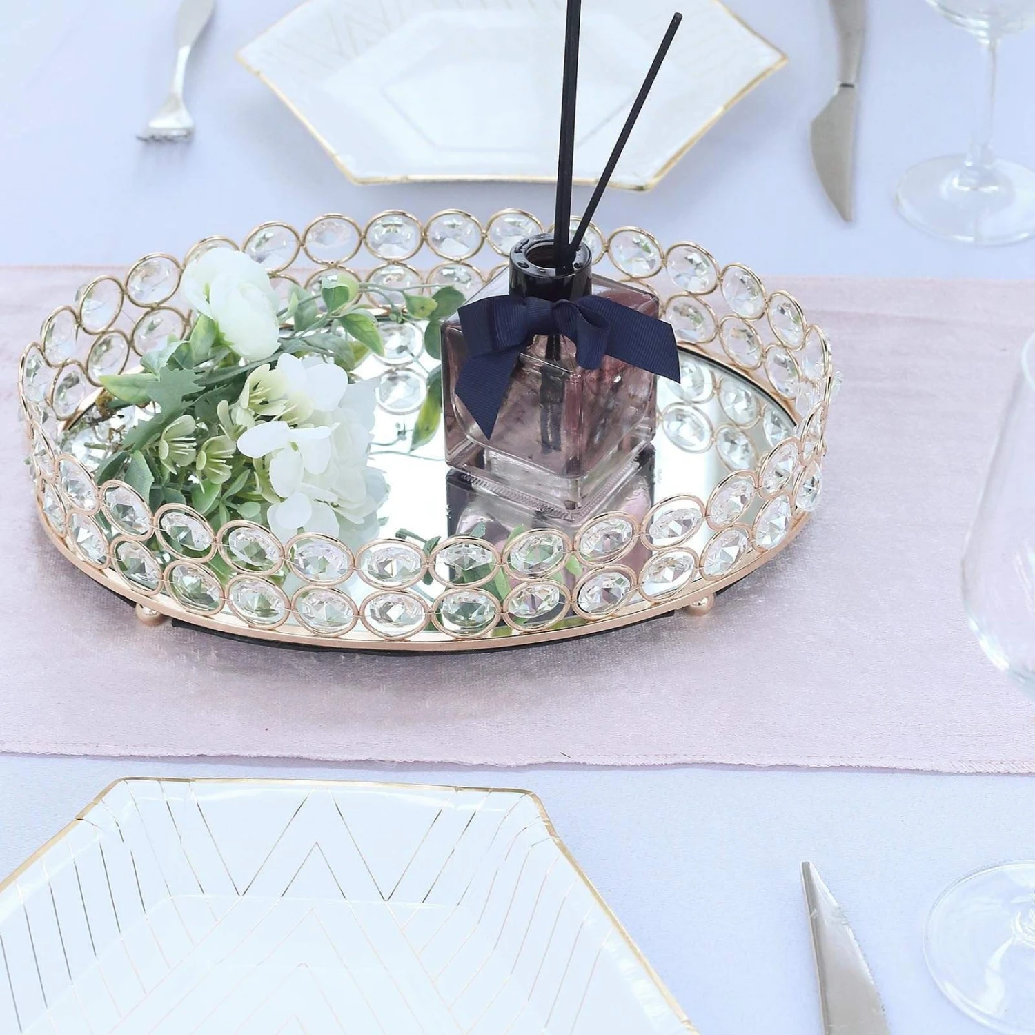 Metal Crystal Beaded Oval Mirror Serving Tray 4 Metal Crystal Beaded Oval Mirror Serving Tray - Image 2