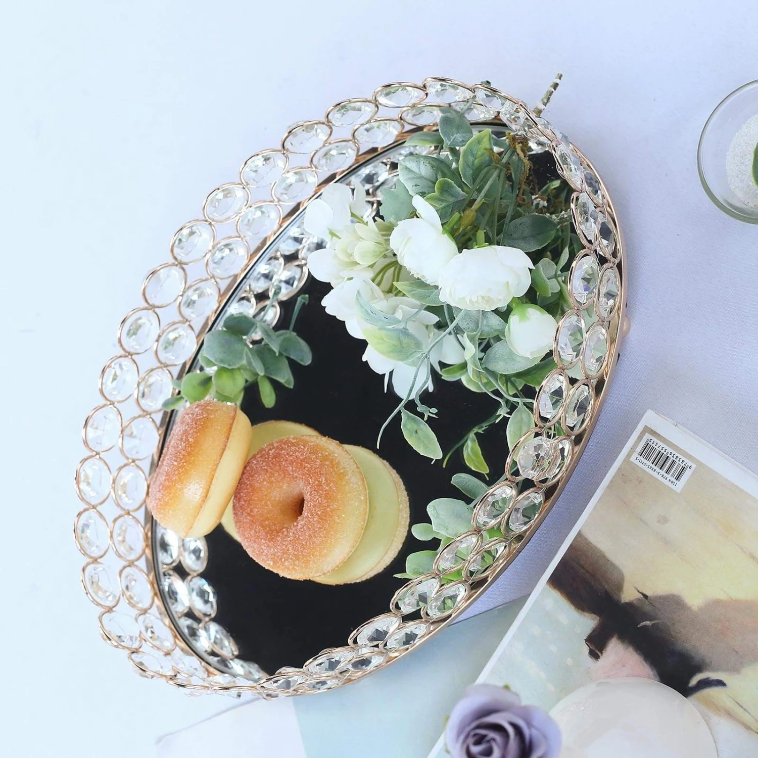 Metal Crystal Beaded Oval Mirror Serving Tray 11 Metal Crystal Beaded Oval Mirror Serving Tray - Image 9