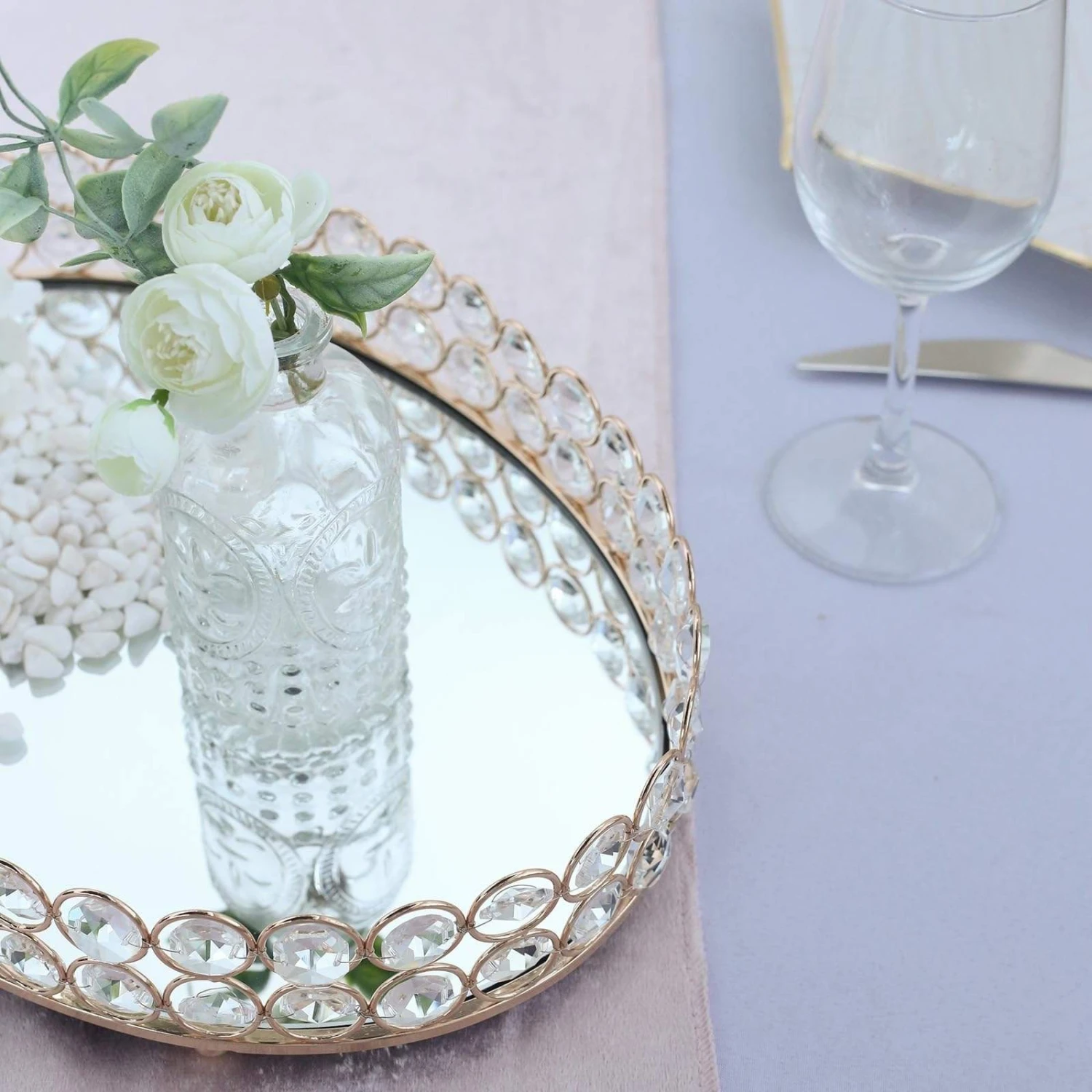 Metal Crystal Beaded Oval Mirror Serving Tray 19 Metal Crystal Beaded Oval Mirror Serving Tray - Image 17