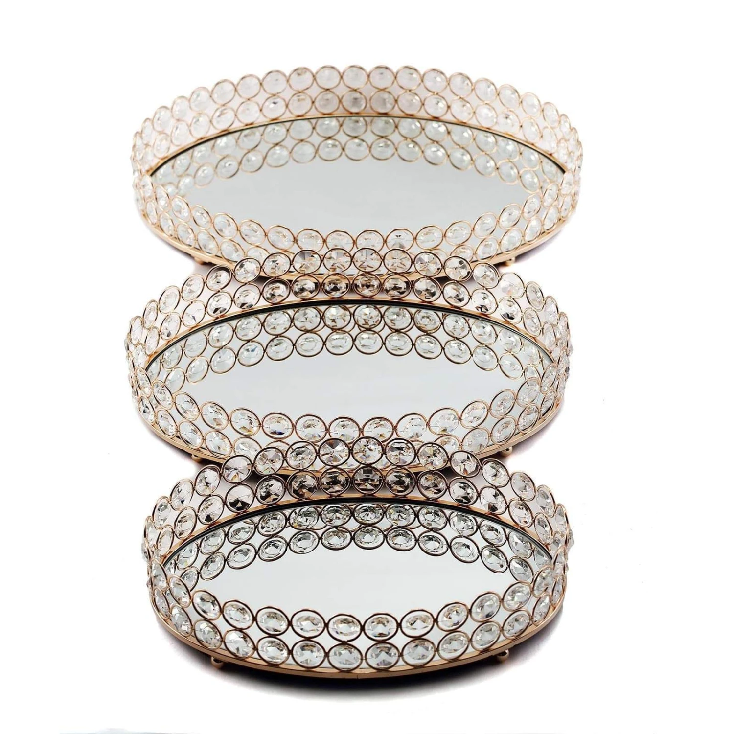 Metal Crystal Beaded Oval Mirror Serving Tray 3 Metal Crystal Beaded Oval Mirror Serving Tray