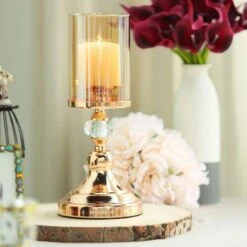 Metal With Glass And Crystal Candle Holder Centerpiece - Gold