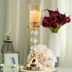 Metal With Glass And Crystal Candle Holder Centerpiece - Gold -Optimal Home Decoration metal with glass and crystal candle holder centerpiece gold 29041879482431