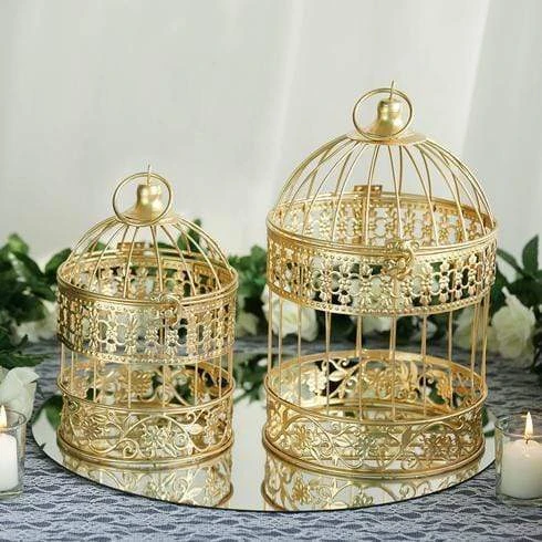 Set Of 2 9" And 13" Tall Metal Bird Cages Wedding Card Holder Centerpieces - Gold 5 Set Of 2 9" And 13" Tall Metal Bird Cages Wedding Card Holder Centerpieces - Gold - Image 3