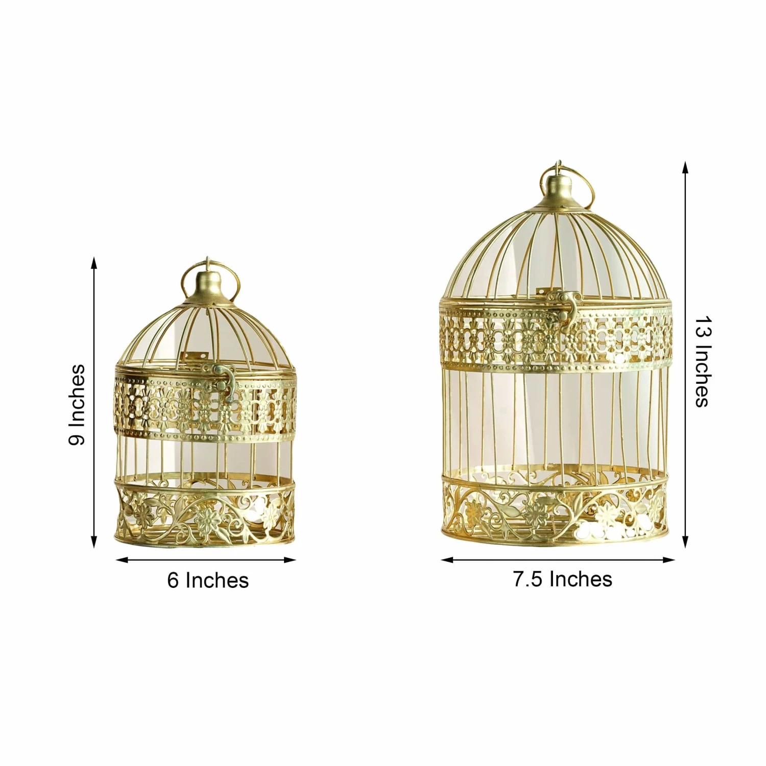 Set Of 2 9" And 13" Tall Metal Bird Cages Wedding Card Holder Centerpieces - Gold 6 Set Of 2 9" And 13" Tall Metal Bird Cages Wedding Card Holder Centerpieces - Gold - Image 4