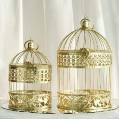 Set Of 2 9" And 13" Tall Metal Bird Cages Wedding Card Holder Centerpieces - Gold