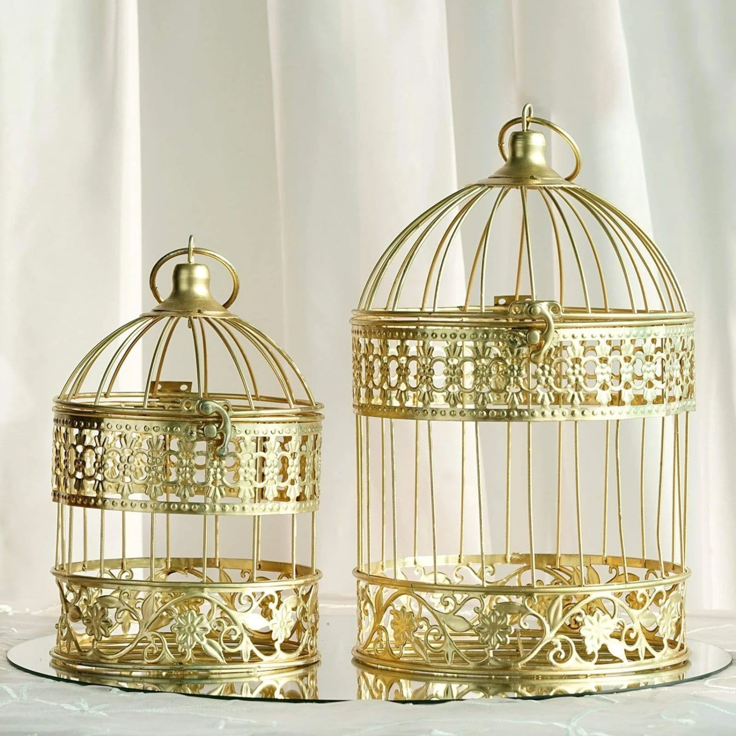 Set Of 2 9" And 13" Tall Metal Bird Cages Wedding Card Holder Centerpieces - Gold 3 Set Of 2 9" And 13" Tall Metal Bird Cages Wedding Card Holder Centerpieces - Gold