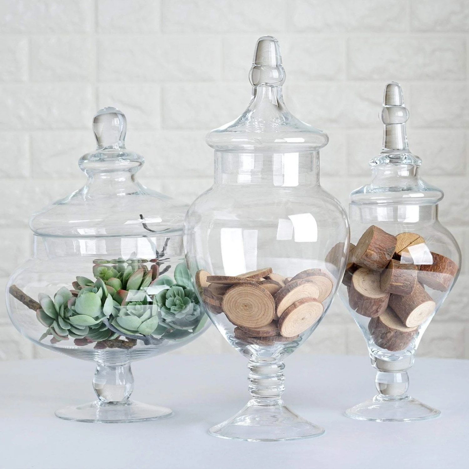 Set Of 3 10" 12" 14" Tall Glass Apothecary Jars Containers With Lids - Clear 9 Set Of 3 10" 12" 14" Tall Glass Apothecary Jars Containers With Lids - Clear - Image 7