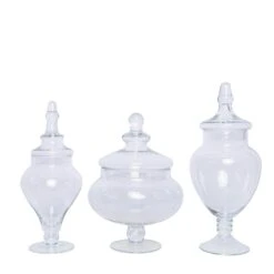 Set Of 3 10" 12" 14" Tall Glass Apothecary Jars Containers With Lids - Clear