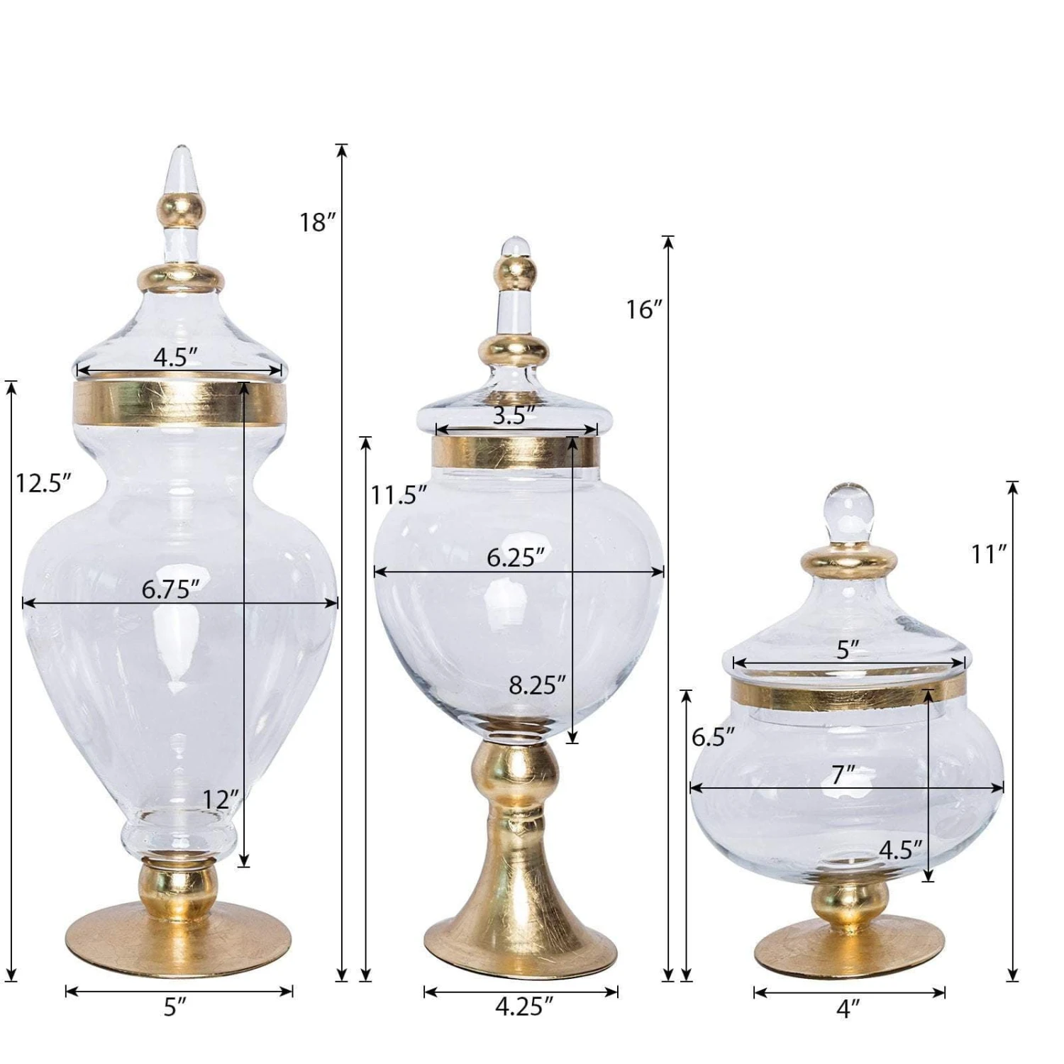 Set Of 3 11" 16" 18" Tall Glass Apothecary Jars Containers With Lids - Clear With Gold Trim 4 Set Of 3 11" 16" 18" Tall Glass Apothecary Jars Containers With Lids - Clear With Gold Trim - Image 2