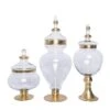 Set Of 3 11" 16" 18" Tall Glass Apothecary Jars Containers With Lids - Clear With Gold Trim