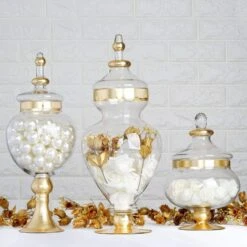 Set Of 3 11" 16" 18" Tall Glass Apothecary Jars Containers With Lids - Clear With Gold Trim 13 Set Of 3 11" 16" 18" Tall Glass Apothecary Jars Containers With Lids - Clear With Gold Trim -Optimal Home Decoration set of 3 11 16 18 tall glass apothecary jars containers with lids clear with gold trim glas jar10 gold 4763737063487