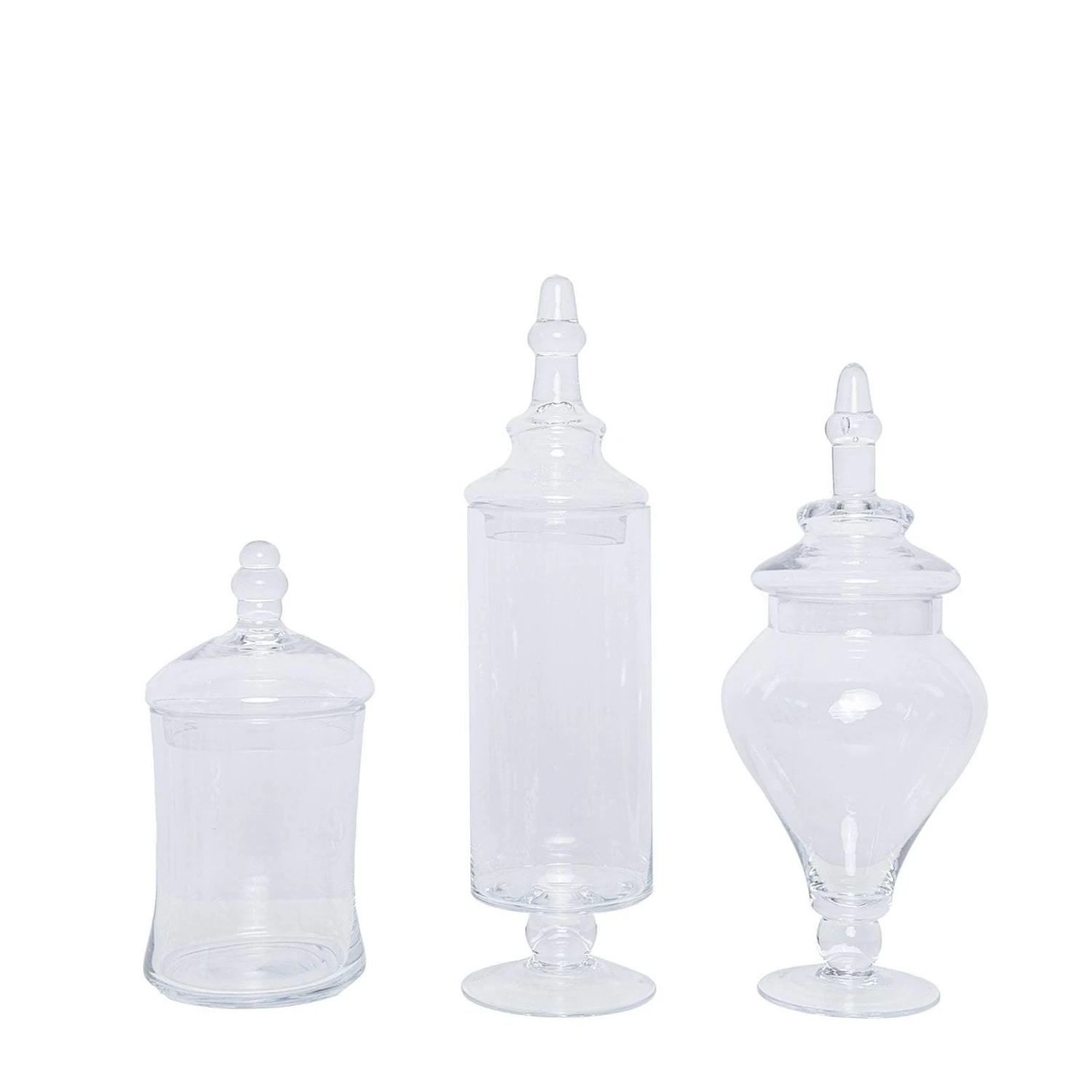 Set Of 3 9" 13" 14" Tall Glass Apothecary Jars Containers With Lids - Clear 3 Set Of 3 9" 13" 14" Tall Glass Apothecary Jars Containers With Lids - Clear