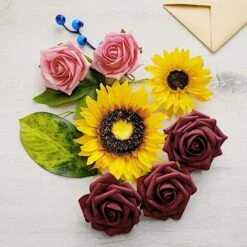 Silk Sunflowers And Foam Roses Artificial Flowers Box - Yellow Burgundy Pink -Optimal Home Decoration silk sunflowers and foam roses artificial flowers box yellow burgundy pink arti foammix 05 burgpk 28373060812863