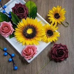 Silk Sunflowers And Foam Roses Artificial Flowers Box - Yellow Burgundy Pink -Optimal Home Decoration silk sunflowers and foam roses artificial flowers box yellow burgundy pink arti foammix 05 burgpk 28373071298623