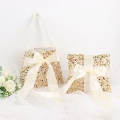 Velvet With Sequin Flower Girl Basket And Ring Bearer Pillow - Ivory And Champagne -Optimal Home Decoration velvet with sequin flower girl basket and ring bearer pillow ivory and gold wed cer fgrb seq01 gold 29496443633727